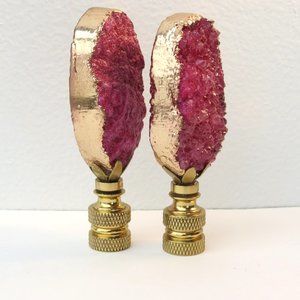 Luxury Hollywood Regency Raspberry Pink and 14 KT Gold Geode Lamp Finials